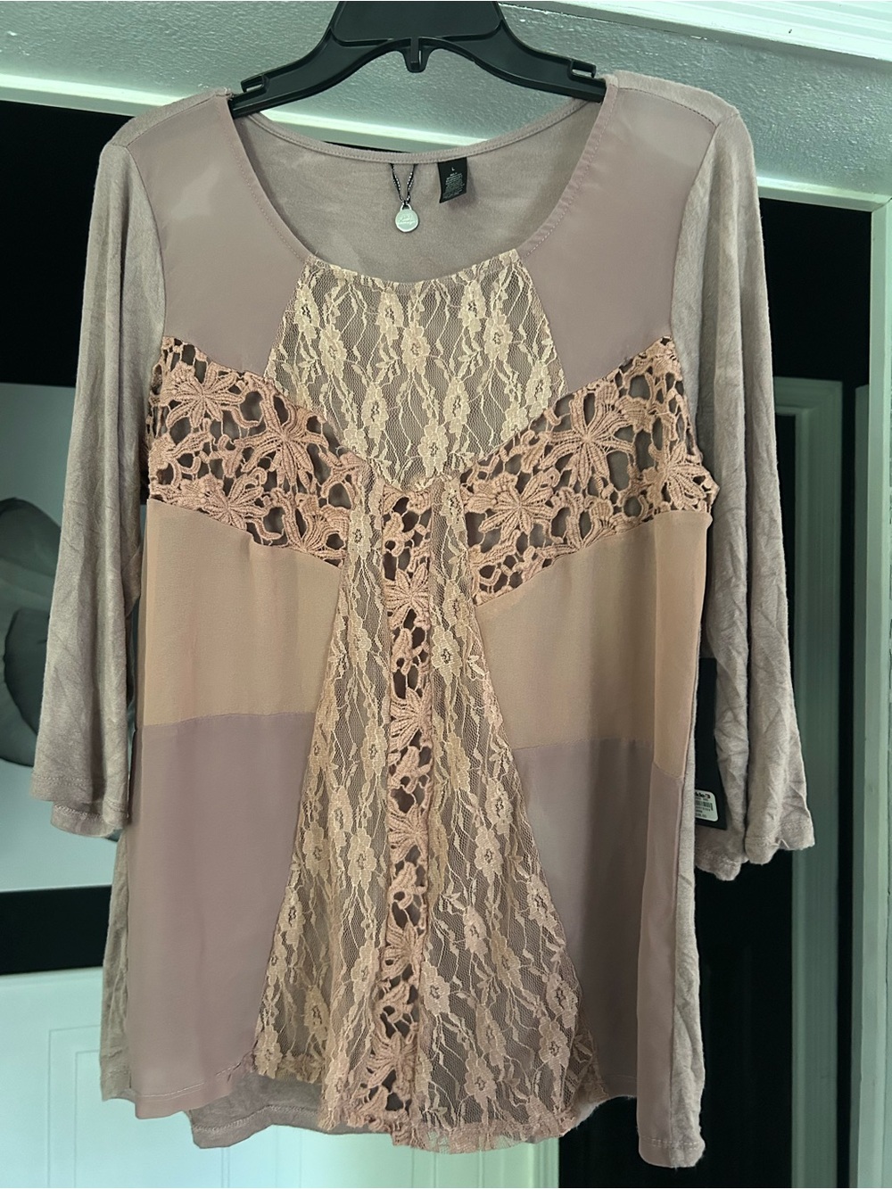 BKE Mauve Lace Panel Long Sleeve Top